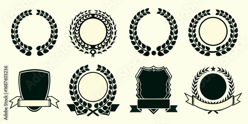 Collection of laurel wreaths and emblem shields with ribbons for awards and recognition