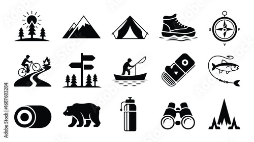 Outdoor adventure activities icons representing diverse recreational pursuits and the spirit of exploration and appreciation for nature
