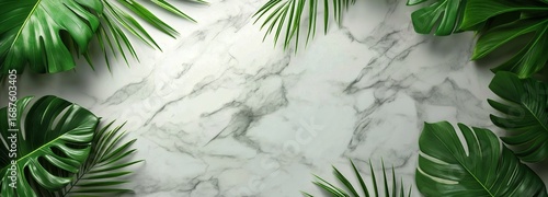 Lush Green Leaves Surrounding a Marble Background for a Stylish Home Decor or...