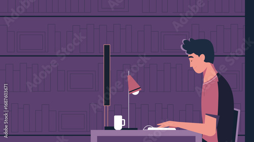 Man Studying at Desk in Library with Books