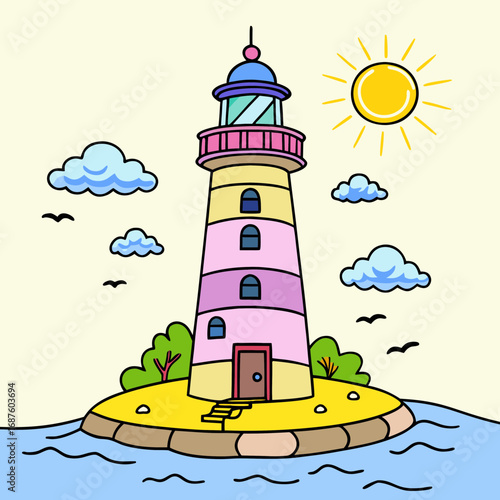 Whimsical lighthouse standing tall on a sunny island surrounded by blue ocean waters with fluffy clouds and soaring birds creating a cheerful coastal scene