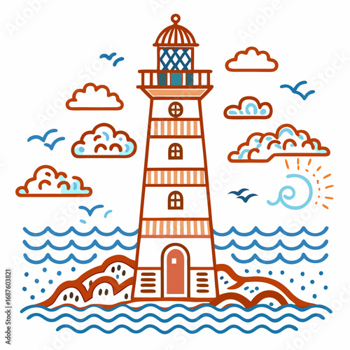 Charming lighthouse stands tall on rocky shore guiding ships through wavy ocean waters under a sky with playful clouds and soaring birds a beacon of hope and safety at sea
