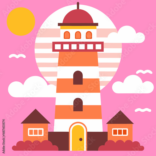 Charming lighthouse illustration guiding ships safely to shore with whimsical clouds and a bright sun creating a delightful coastal scene perfect for children's books and travel themes