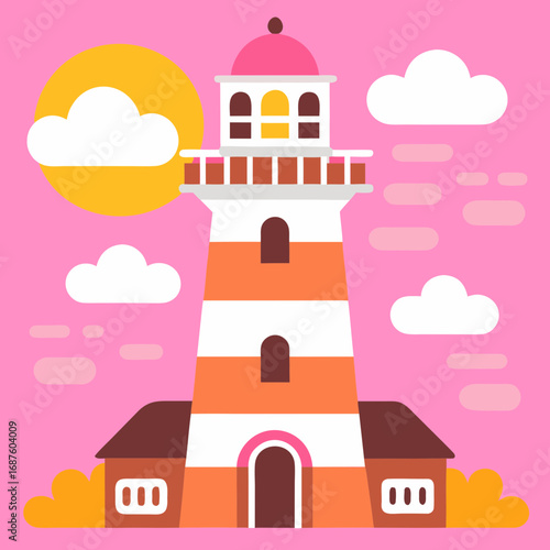 Charming cartoon lighthouse stands tall against a bright pink sky with fluffy clouds and a radiant sun, evoking coastal vacation vibes and maritime adventure.
