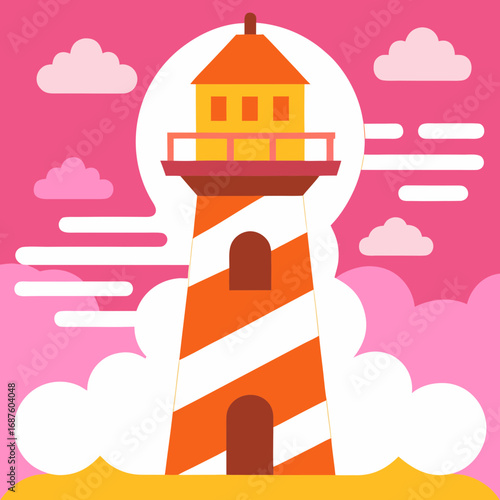 Whimsical striped lighthouse stands tall against a vibrant pink sky filled with playful clouds and a bright sun symbol, evoking a sense of coastal charm and adventure for creative projects.