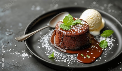 Delicious Molten Chocolate Cake Served With Vanilla Ice Cream and Mint Leaves...