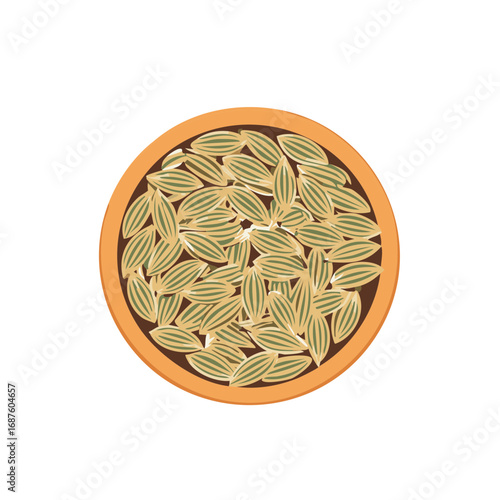 Overhead close up of a bowl with multiple squash seeds for illustration, organic food ingredients, culinary themes, and simple graphic design