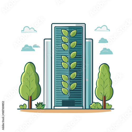 Modern building with vertical garden and surrounding trees under a cloudy sky