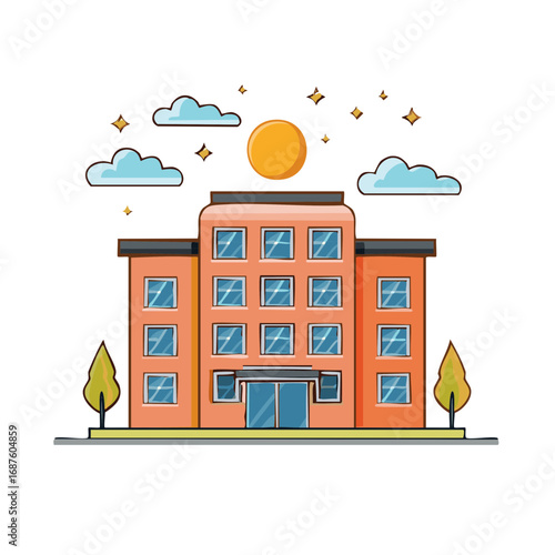Stylized illustration of a three story building with sun, clouds, stars, and trees on a bright day for graphic design