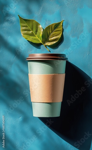 Coffee Cup With Fresh Green Leaves on a Vibrant Blue Background During Bright...