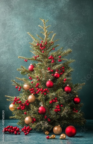 Festive Christmas Tree Decorated With Red and Gold Ornaments on a Teal Backgr...