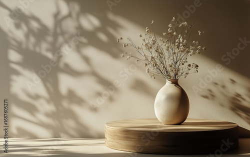 Natural Light Highlights Dried Flowers in a Vase on a Wooden Table Against a ...