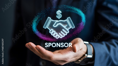 Handshake icon with dollar sign symbolizes sponsorship deal in a professional business context