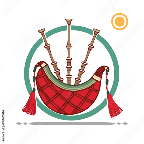 Cartoon illustration of traditional bagpipes against a circle background with a simple sun