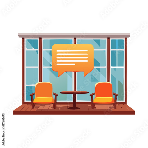 Terrace Chat: Two Chairs, Small Table, and Speech Bubble on a Patio