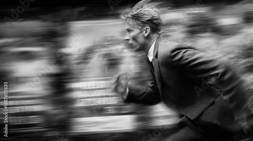Businessman running in blurred city street, speed and motion effect