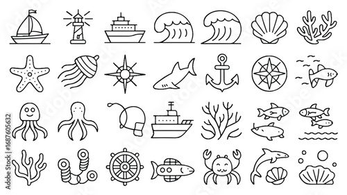 Sea life doodle set of marine animals and nautical elements for design and decoration