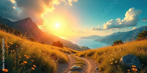 A vibrant sun shines on a sun-drenched landscape, ready for adventure  Perfect for travel, summer, and holiday themes  Ideal for promoting outdoor activities and a carefree lifestyle , scenic, bright