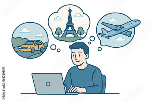 A thoughtful man contemplates a house, car, and vacation while holding a bank card and using a laptop, dreaming about future purchases and how to spend his money