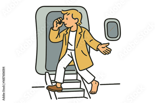 A woman disembarks from a private business flight, having arrived to finalize a crucial contract, and puts on sunglasses upon reaching the destination airport