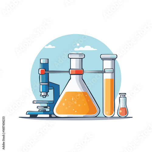 Cartoon depiction of lab equipment featuring microscope, beakers, and test tubes for science imagery.