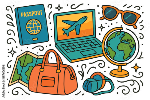 A hand‑drawn cartoon travel doodle featuring humorous objects and elements, set against a creative background and presented as a colorful vector banner
