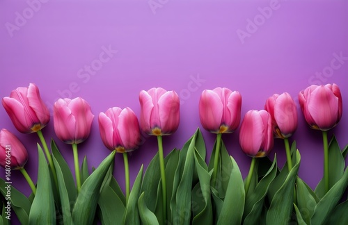 Beautiful Pink Tulips Arranged on a Vibrant Purple Background Showcasing Spri...