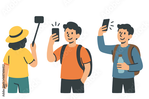 Male and female tourists and backpackers with rucksacks, cameras, and rucksacks are shown as isolated icons or avatars; travelers on hiking adventures and vacation trips; characters engaged in