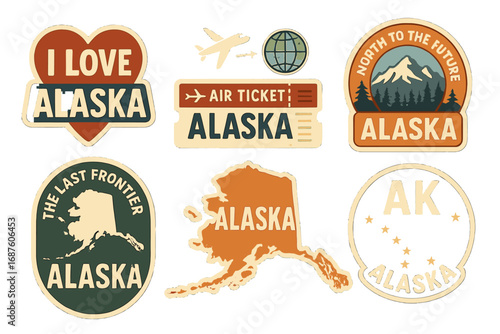 Sticker Pack: a collection of stylish pins, a set of cool vector patch designs, and Alaska retro badges
