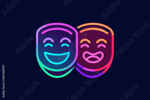 Classic dual theater masks glowing comedy tragedy performance art symbol