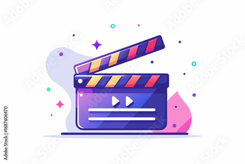 Clapperboard glowing movie icon with neon glow floating light design