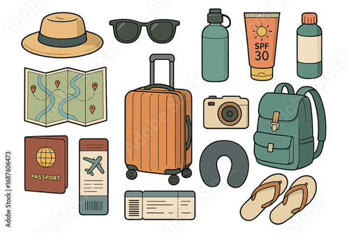 Travel kit includes a portable camera, map, clothing, accessories, luggage, pillow, hat, towel, bags, and a sleeping mat for camping; presented as a flat‑style vector tourist set