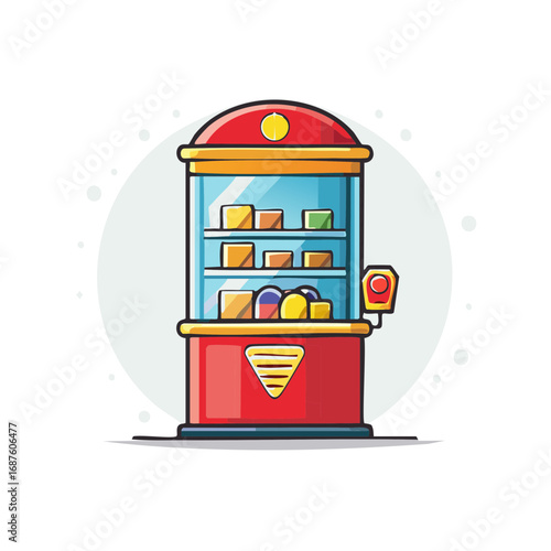 Retro vending machine with snacks and toys displayed in glass case