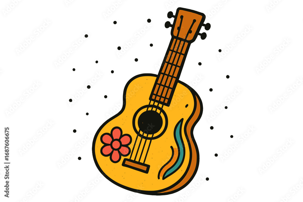 Naklejka premium A psychedelic illustration of a guitar with notes, flowers, and a disco vibe, perfect for a retro concert poster or t-shirt design
