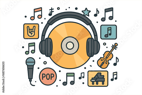A music set-up featuring a vector design includes headphones, a microphone, music speaker, and a stereo jack, surrounded by pop rock music notes and cassette lettering