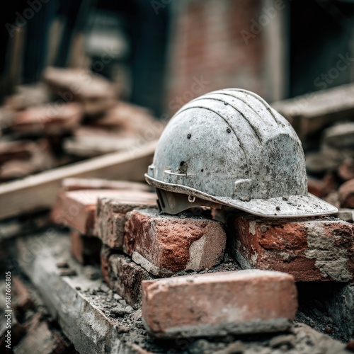 Wallpaper Mural Weathered Safety Helmet on Construction Site Amidst Ruined Bricks Torontodigital.ca