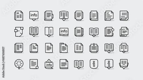 Set of black outline file and document icons for user interface design and vector illustration representing digital data