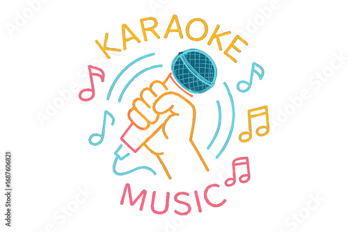 A glowing music note illustration set against a dark background, featuring neon lights and a karaoke theme