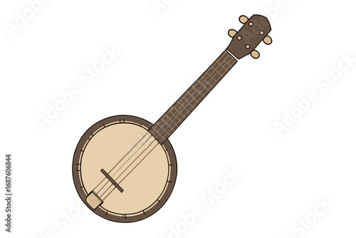 A flat icon of a retro guitar with four strings is isolated on a white background, featuring a vector design of an American banjo for western or southern folk music