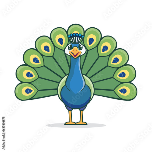 Cheerful illustrative peacock proudly showing its elaborate fanned tail