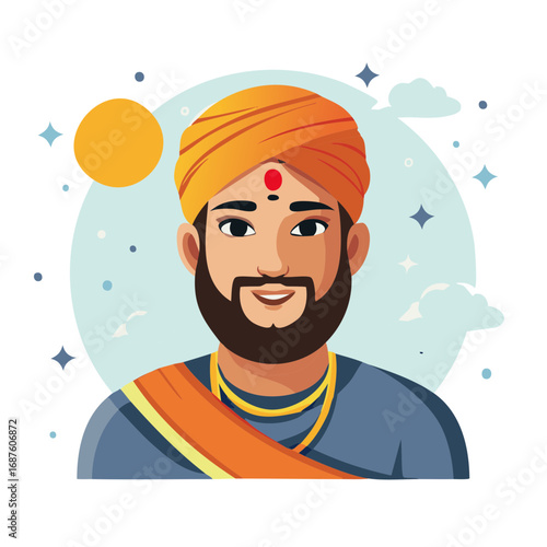 Indian male illustration with a turban, beard, and a dot on his forehead, joyful portrait style.