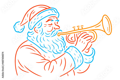A festive holiday poster depicts Santa Claus blowing into a trumpet, surrounded by musical elements in a vector illustration style