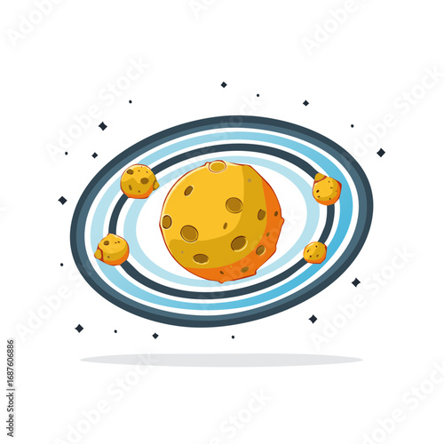 Stylized yellow orange planet with blue orbital rings and asteroid moons floating in space