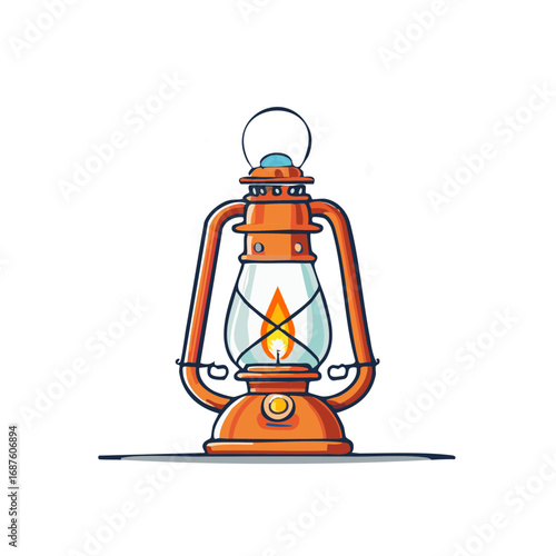 Vintage kerosene lantern with a bright burning flame and orange metal frame