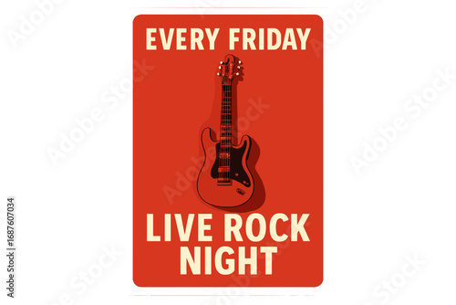 A live music promotion poster features a black guitar silhouette on a red background, suitable for concerts and events