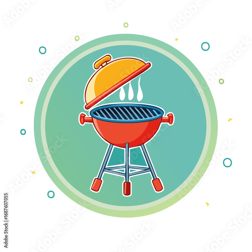 Cartoon Barbecue Grill With Open Lid Cooking Food and Steam