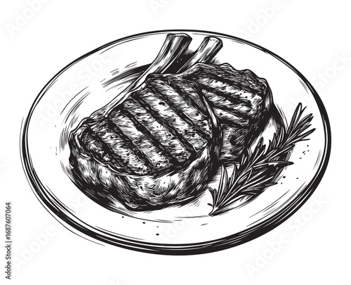 Grilled Meat Chop Illustration on Plate with Herbs. Grilled Pork Chop Sketch Style Food Illustration.