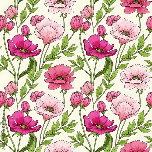 Wallpaper Mural A charming floral pattern featuring a repeat design of pink and pale pink flowers, leaves, and stems on a soft cream background. Torontodigital.ca