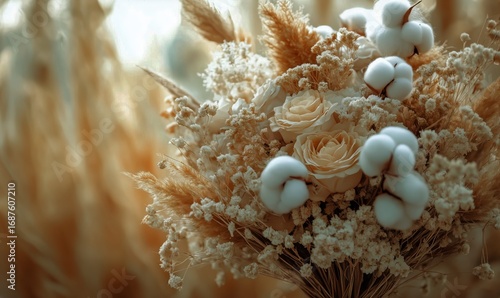 Elegant Bouquet Featuring Roses and Cotton Arranged With Dried Elements Indoors.
