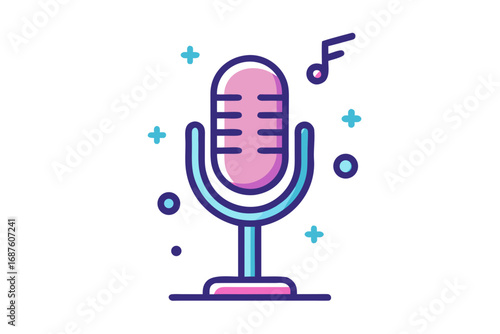 microphone on stand glowing with music note accent details